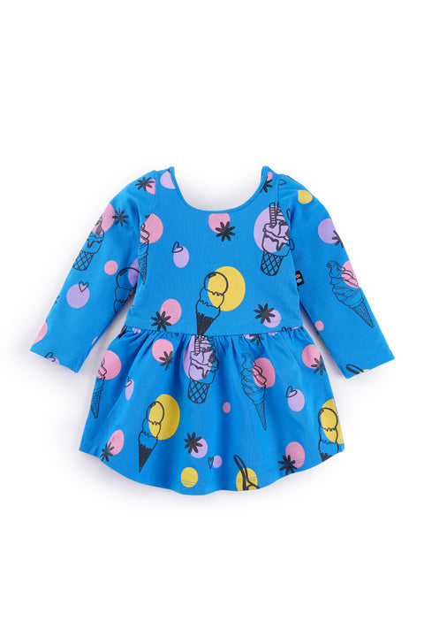 Organic Extra Soft Cotton Full Sleeves Frocks / Dress for Girls Blue Ice Cream Print