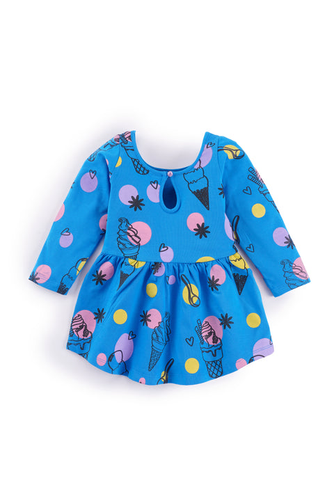 Organic Extra Soft Cotton Full Sleeves Frocks / Dress for Girls Blue Ice Cream Print