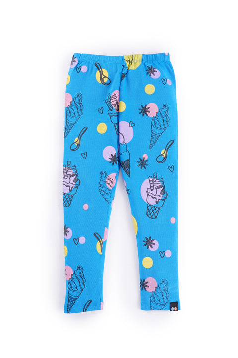 Girls Premium Elastic Waist Skinny Fit Printed Leggings Blue Ice Cream Print