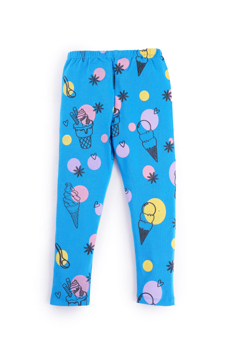 Girls Premium Elastic Waist Skinny Fit Printed Leggings Blue Ice Cream Print