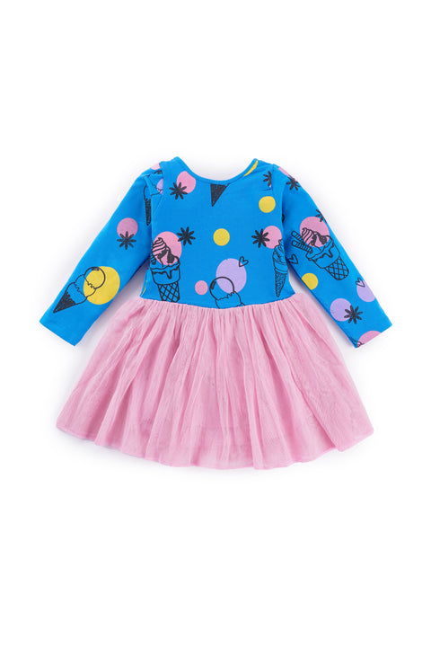 Organic Extra Soft Cotton Full Sleeves Frocks / Dress with Doll Skirt for Girls Blue Print