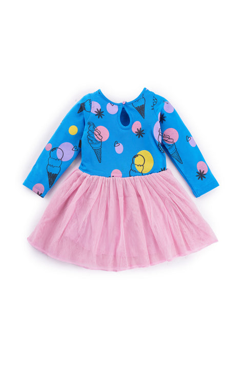 Organic Extra Soft Cotton Full Sleeves Frocks / Dress with Doll Skirt for Girls Blue Print