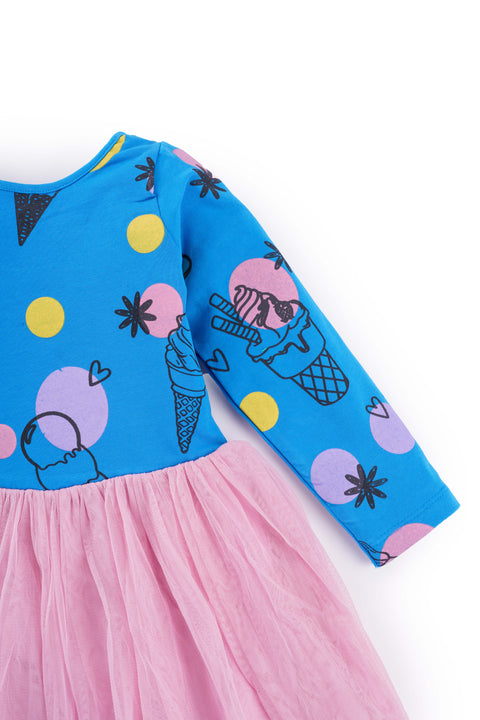 Organic Extra Soft Cotton Full Sleeves Frocks / Dress with Doll Skirt for Girls Blue Print