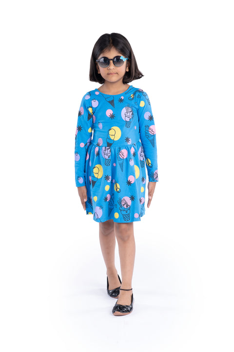 Organic Extra Soft Cotton Full Sleeves Frocks / Dress for Girls Blue Ice Cream Print