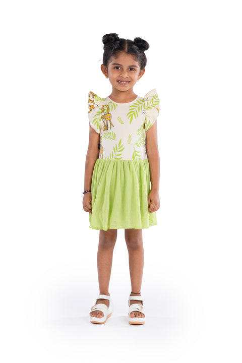 Premium Organic Cotton Half Sleeves / Ruffle Sleeves Frocks / Dress with Net Flair for Girls