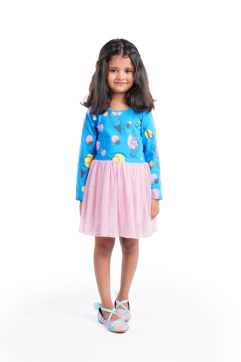 Organic Extra Soft Cotton Full Sleeves Frocks / Dress with Doll Skirt for Girls Blue Print