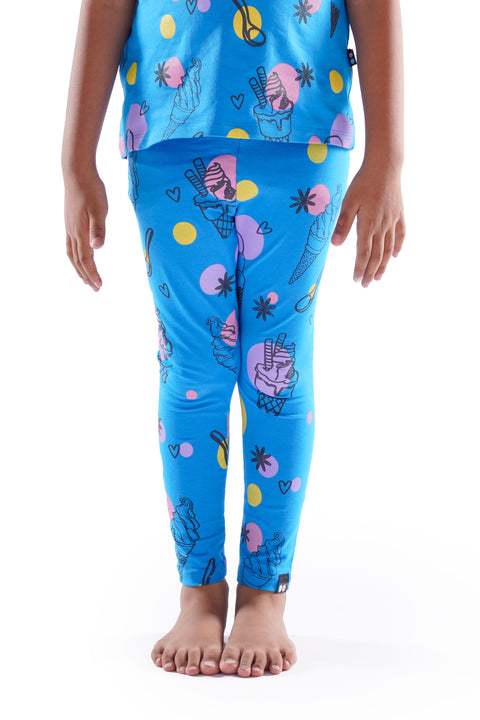 Girls Premium Elastic Waist Skinny Fit Printed Leggings Blue Ice Cream Print