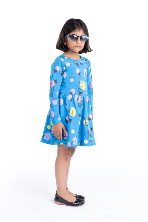 Organic Extra Soft Cotton Full Sleeves Frocks / Dress for Girls Blue Ice Cream Print