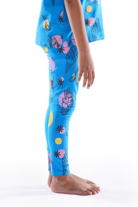 Girls Premium Elastic Waist Skinny Fit Printed Leggings Blue Ice Cream Print