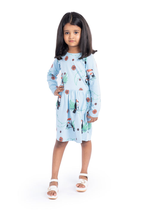 Full Sleeves Cotton Frocks / Dress for Girls Kids  Blue Bird Print