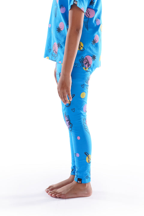 Girls Premium Elastic Waist Skinny Fit Printed Leggings Blue Ice Cream Print