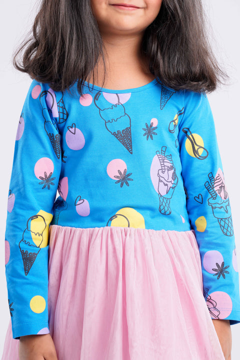 Organic Extra Soft Cotton Full Sleeves Frocks / Dress with Doll Skirt for Girls Blue Print