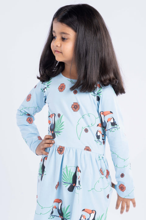 Full Sleeves Cotton Frocks / Dress for Girls Kids  Blue Bird Print