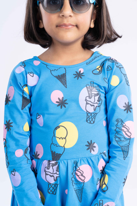 Organic Extra Soft Cotton Full Sleeves Frocks / Dress for Girls Blue Ice Cream Print